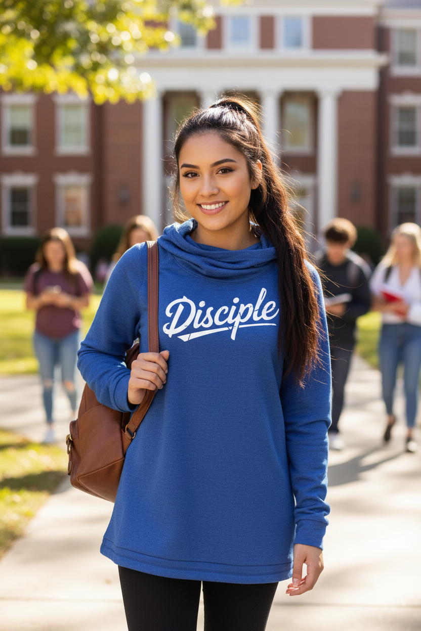Ladies Disciple Hoodie - True Royal Heather Hood Down Campus Mockup