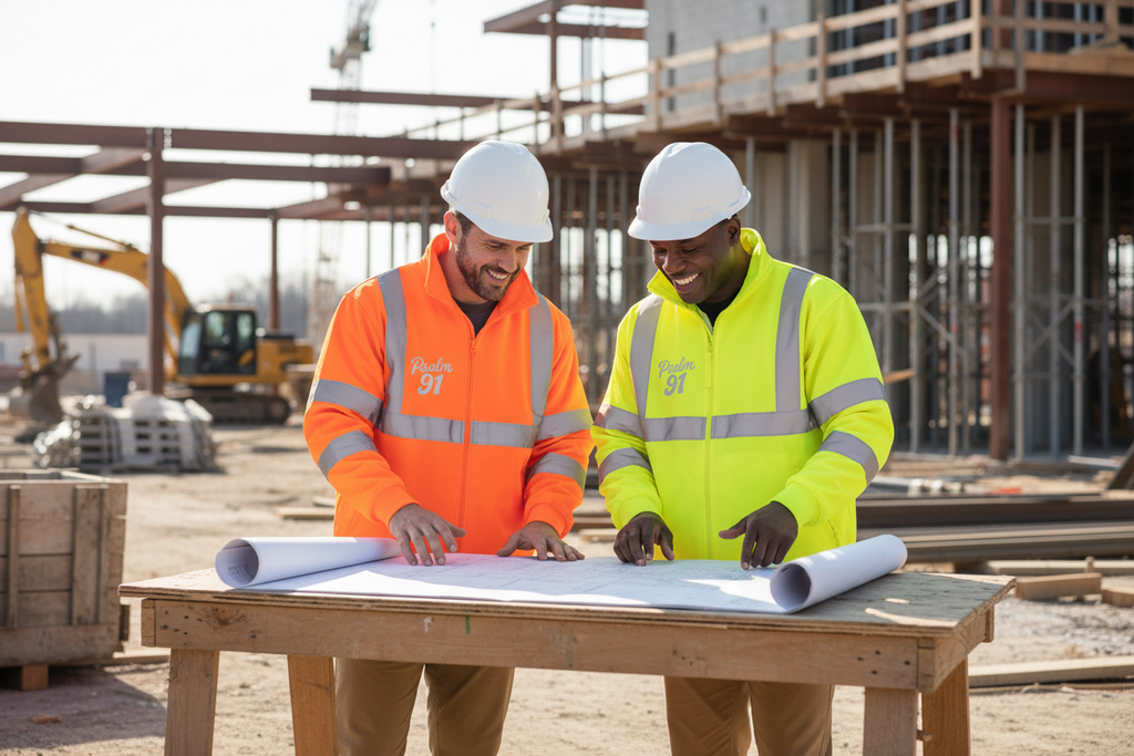 Psalm 91 Safety Jacket - Construction Site Duo Mockup